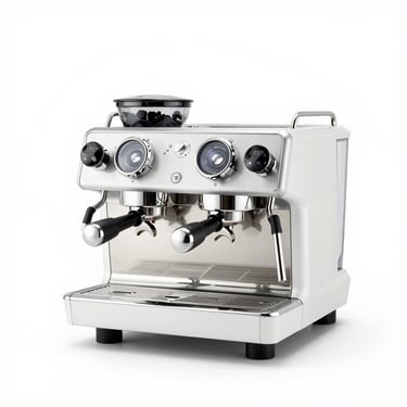 Sleek professional double group espresso machine, high-key studio lighting, clean white backdrop