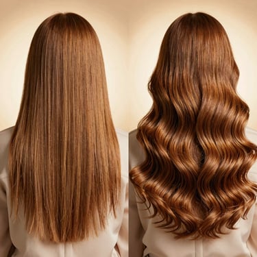 Split screen showing before and after hair extension: left side thin chestnut hair, right side long voluminous hair with flawless application, warm studio lighting