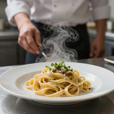 Close-up of steam rising from a finished plate of hand-made pasta at the kitchen pass, chef's hands visible in soft background blur