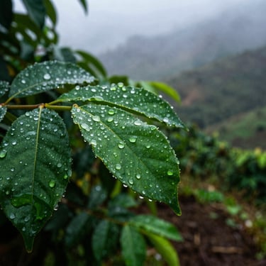 Macro close-up of dew-covered organic leaves in the early morning mountain light of Mérida, rich green tones, high contrast, 35mm lens