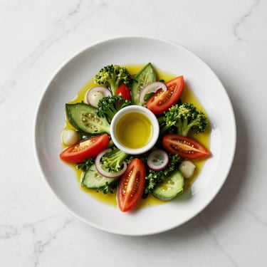 A minimalist overhead shot of a clean, healthy Mediterranean meal with fresh vegetables and olive oil on a white marble surface, bright clinical lighting.