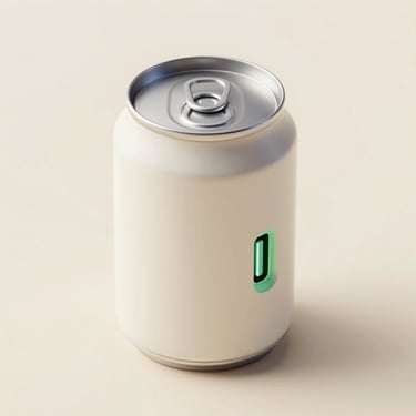 Isometric 3D render of a stylized milk can with a glowing green USB-C port on a clean cream background, soft tech lighting