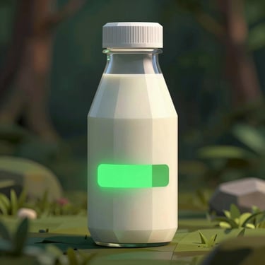 Stylized 3D low-poly render of a milk bottle with a glowing green progress bar on its label, dark forest green background.