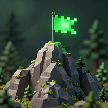 Stylized 3D low-poly render of a pixel-art mountain peak with a glowing green flag, dark forest green background.