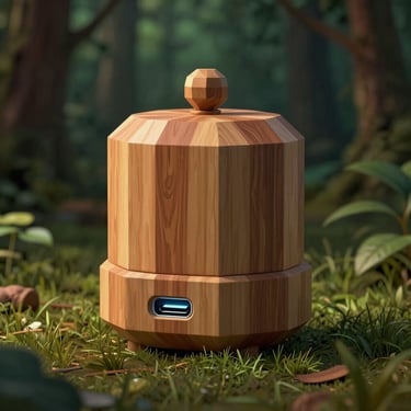 Stylized 3D low-poly render of a wooden butter churn with a glowing USB-C port, dark forest green background.