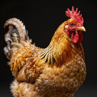 Close-up of a champion Pakhoy chicken, showcasing strong bone structure and golden plumage, dramatic studio lighting, pure black background
