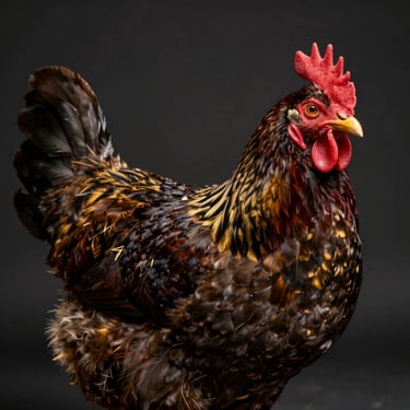 Macro shot of a dark-feathered Pakhoy chicken, highlighting feather texture and athletic physical traits, dramatic studio rim lighting, dark charcoal background