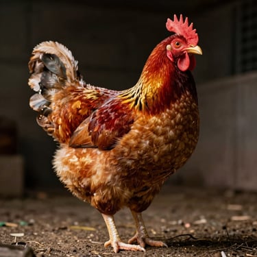 Heroic low-angle shot of a crimson-feathered Pakhoy chicken, clear eyes, powerful stance, professional biosecure farm setting, soft morning light