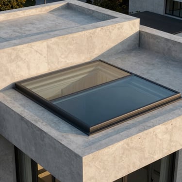 Bespoke architectural skylight and louvers integrated into a luxury concrete villa roof, sharp geometric shadows, golden hour light, desaturated cool tones