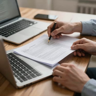 Gros plan de mains manipulant des documents d'immatriculation officiels à côté d'un clavier d'ordinateur portable, bureau en chêne clair baigné de lumière naturelle.