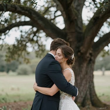 A bride and groom sharing a quiet, emotional embrace under a large oak tree, soft natural light, candid moment.