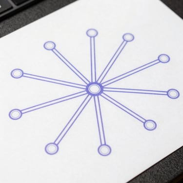 An orthographic schematic of a network node routing map, clean vector lines in light purple on a white background, clinical daylight, technical aesthetic.