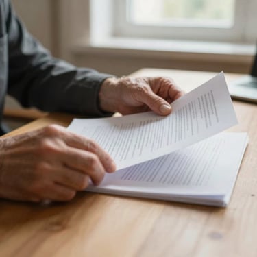 Close-up of hands of an older adult reviewing clear printed documents on a clean wooden table, soft morning window light, warm and respectful atmosphere.