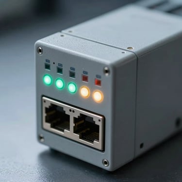 Macro shot of a programmable logic controller terminal with RJ45 ports and status LEDs, cool high-contrast lighting.