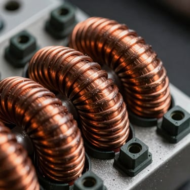 Macro close-up of industrial power supply copper windings and terminal blocks, crisp studio lighting, high contrast.