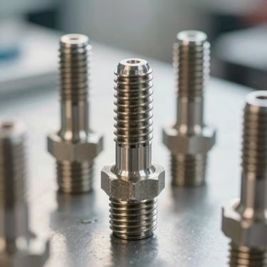 Extreme close-up of CNC-machined steel threads and pneumatic valve fittings on a clean staging surface, bright daylight.