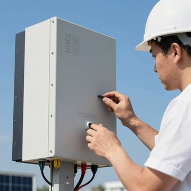 An electrical engineer checking a solar inverter connection, bright direct sunlight, technical details