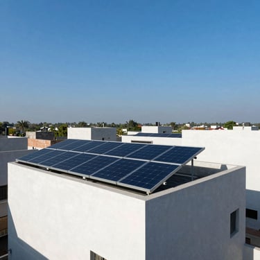 Wide shot of a residential rooftop solar installation in Lucknow, integrated cleanly into local architecture