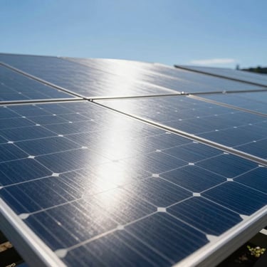 Close-up of high-quality monocrystalline solar panels reflecting bright sunlight, crisp shadows, sharp focus