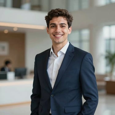 A professional portrait of a young male entrepreneur (Attmann Stefanou) in a navy suit, smiling, indoors with modern architectural lighting, reflecting a trustworthy and student-founder aesthetic.