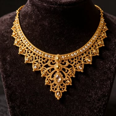 Exquisite gold bridal necklace displayed on a dark velvet bust, macro photography highlighting intricate filigree, warm studio light.