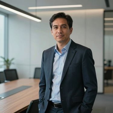 Professional corporate portrait of a technical director in a modern Dubai boardroom, cool-toned lighting, sharp focus.