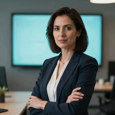 Professional corporate portrait of a female marketing strategist, modern office background with subtle cyan screen glow.