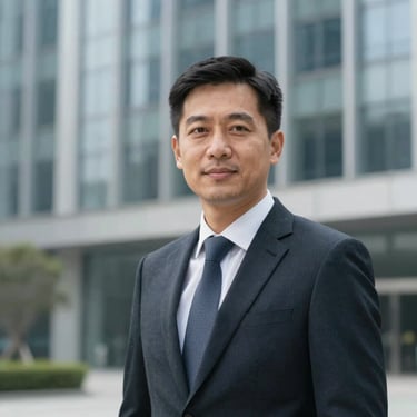 Professional corporate portrait of an IT compliance consultant, architectural background, cool daylight.