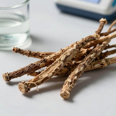 Macro shot of dry ashwagandha root next to clean modern laboratory glassware, soft directional natural daylight, high contrast