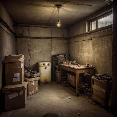 A dimly lit unfinished basement featuring a single light bulb, wooden workbench, and cardboard storage boxes.