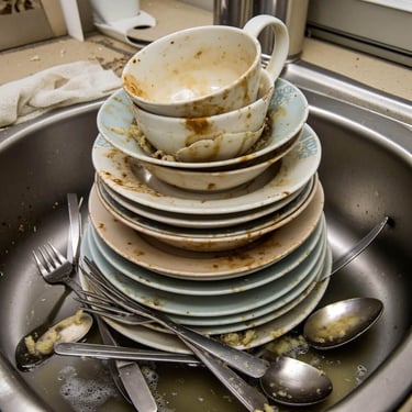 A stack of dirty plates and mugs with silverware in a stainless steel kitchen sink.