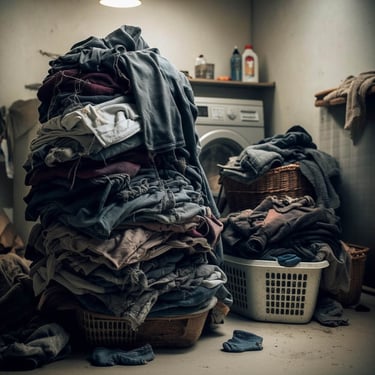 A large pile of messy clothes stacked in a laundry room with a washing machine and baskets.
