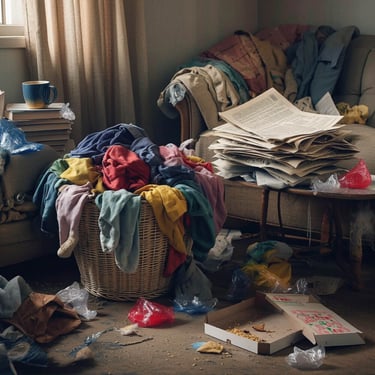 A cluttered living room with a full laundry basket, stacks of paper, and trash on the floor.