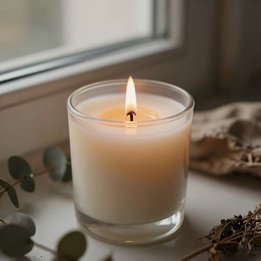 Hand-poured soy candle with a soft flame, surrounded by natural elements, warm afternoon light, earthy muted tones