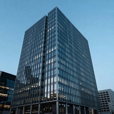 Vibrant blue-hour shot of a modern glass office building with sharp angles