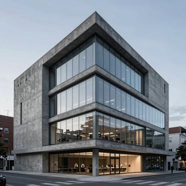Modern concrete and glass design studio exterior, sharp focus, desaturated tones
