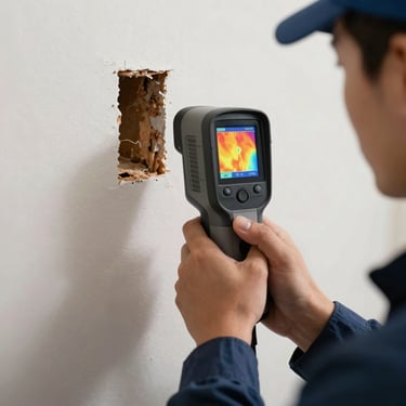 Close-up of a professional pest control technician using a thermal imaging camera to inspect a residential wall cavity, high-contrast screen showing heat signatures, technical atmosphere.