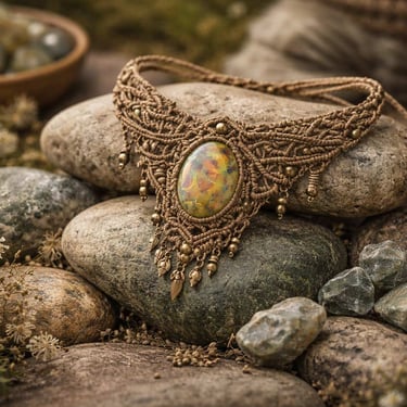 collar de macrame cafe con piedra preciosa verde