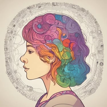 Artistic profile of a woman with colorful abstract shapes representing creativity and mental health.