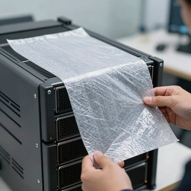 Close-up of secure anti-static packing materials being wrapped around high-end IT server racks, clean professional office environment, crisp lighting.