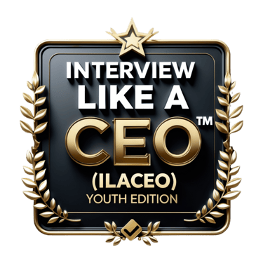 Gold Interview Like a CEO Youth Edition logo with laurel wreath and star on black background.