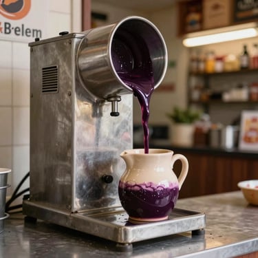 A traditional stainless steel açaí beating machine in a clean local Belém shop, thick dark purple liquid pouring smoothly into a ceramic jug, realistic warm storefront lighting.