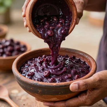 Hands of a local artisan pouring fresh, thick purple açaí into a traditional clay bowl, rich texture, warm morning light of Belém.