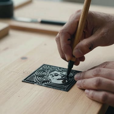 Close-up of ink-stained hands carefully carving a woodblock print, natural wood grain visible under soft, low-contrast overcast daylight.
