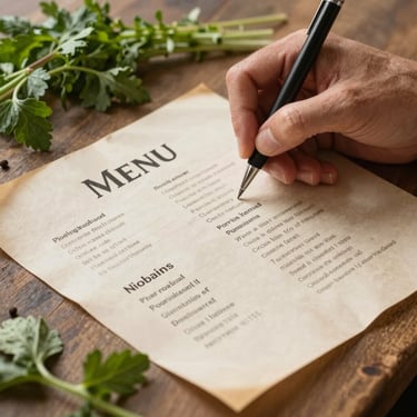 A culinary strategist writing a menu storyboard on parchment paper next to fresh herbs, warm natural light.