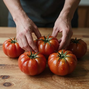 Hands arranging fresh heirloom tomatoes on a wooden table, soft directional Scandinavian lighting.