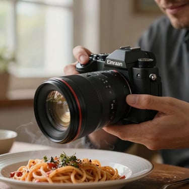 Close-up of hands adjusting a high-end camera lens over a steaming plate of pasta, soft window light, warm tones.