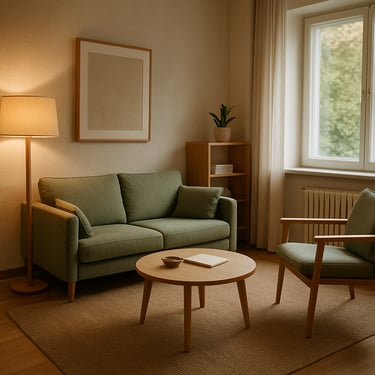 A cozy, modern therapeutic office in Central Europe, featuring soft sage green cushions and natural wooden elements, warm and grounding atmosphere.