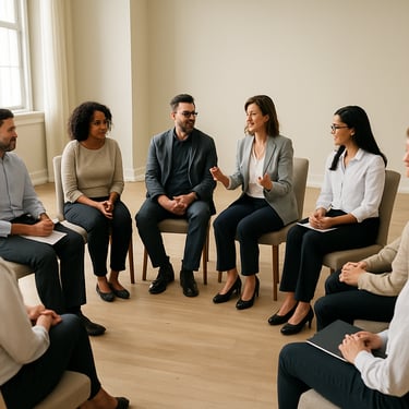 A wide shot of a group of professionals in a training workshop, seated in a comfortable circle, light and airy interior with cream walls.