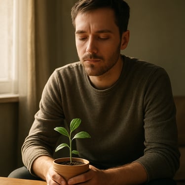 A mindful Central European / Polish person sitting calmly in a sunlit room, observing a small green plant, representing grounded support.